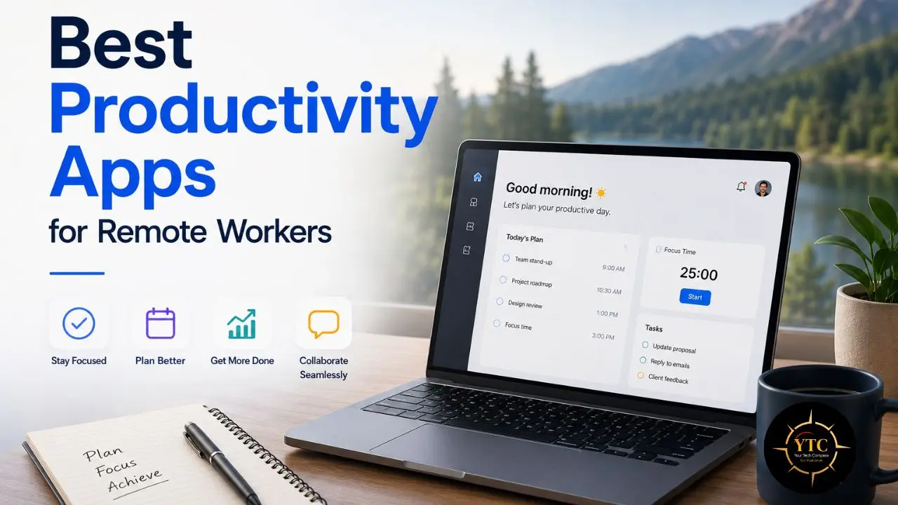 Laptop displaying a productivity app on a desk with a notebook, pen, and coffee mug. Text reads "Best Productivity Apps for Remote Workers." Background shows a serene mountain scene. Keywords: productivity, remote work, planning.