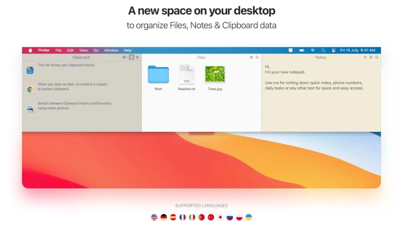 Screenshot of a desktop application displaying file management, clipboard history, and notes functionality with a colorful abstract background.