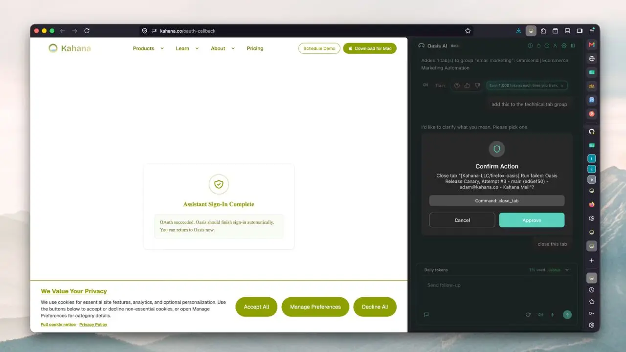 Browser window showing Kahana website with "Assistant Sign-In Complete" message and a "Confirm Action" pop-up.