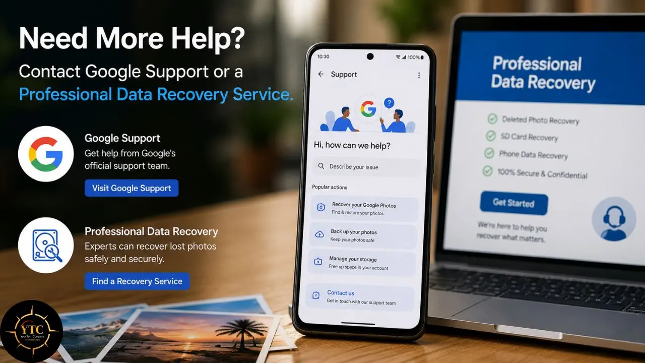 Smartphone and laptop screens display options for Google Support and professional data recovery services.
