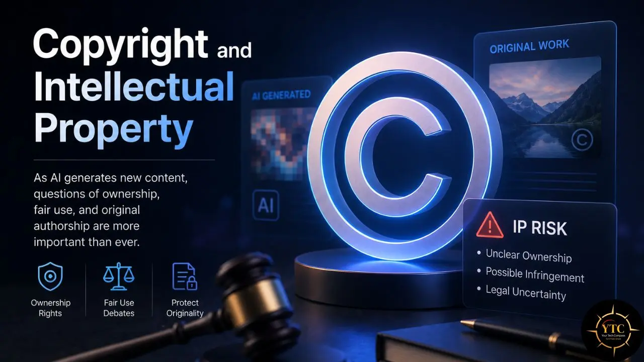 Digital art depicting a large glowing copyright symbol surrounded by elements of intellectual property law and AI-generated content.