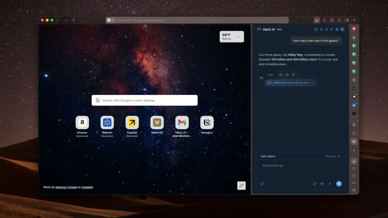 Computer screen displaying a browser window with a starry background, a search bar, app icons, and an AI chatbot answering a question about the Milky Way galaxy.