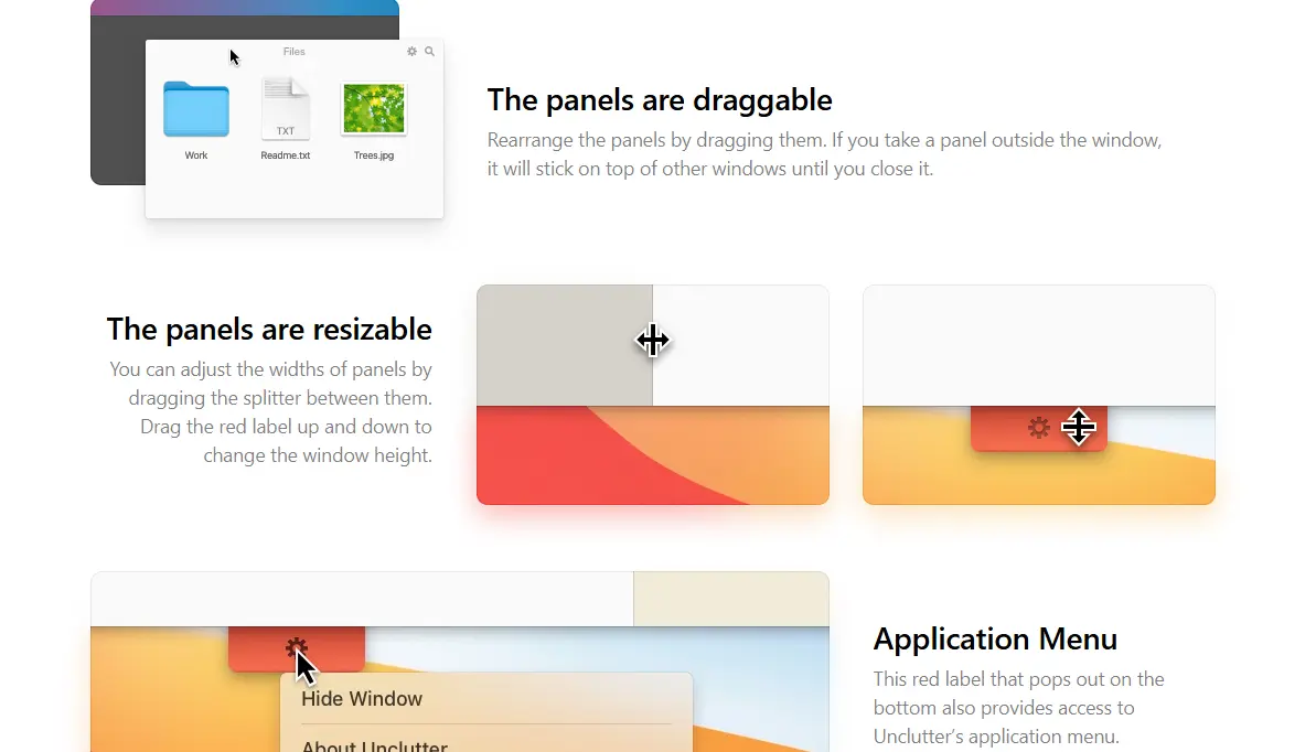 Screenshot showcasing draggable and resizable UI panels with descriptions and interactive elements like a cursor and dropdown menu.