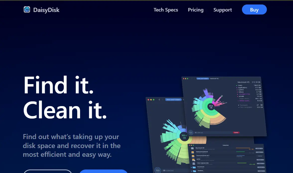 Screenshot of DaisyDisk website showing a circular disk space visualization on a dark blue background.