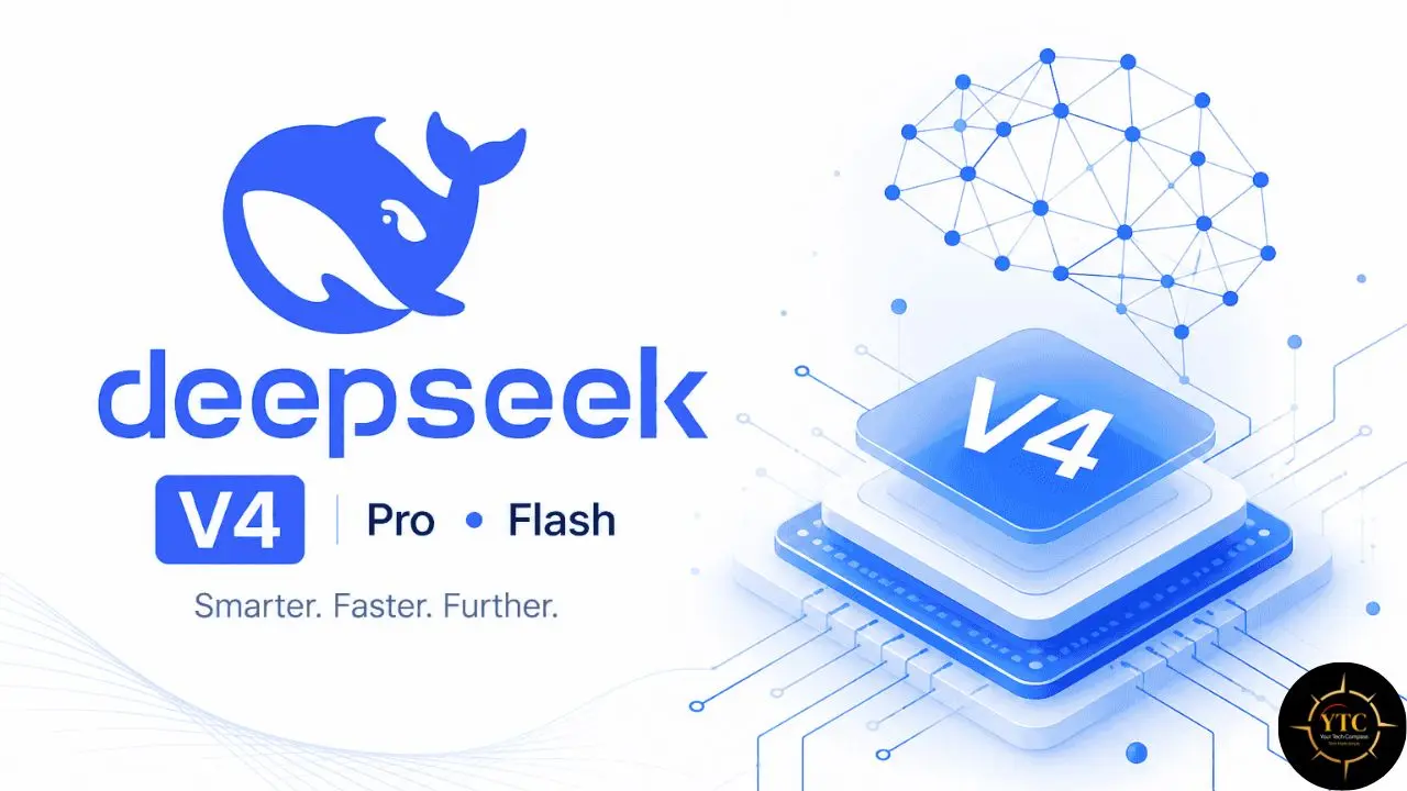 Deepseek V4 Pro Flash logo with a blue whale, brain network graphic, and a layered circuit board design.
