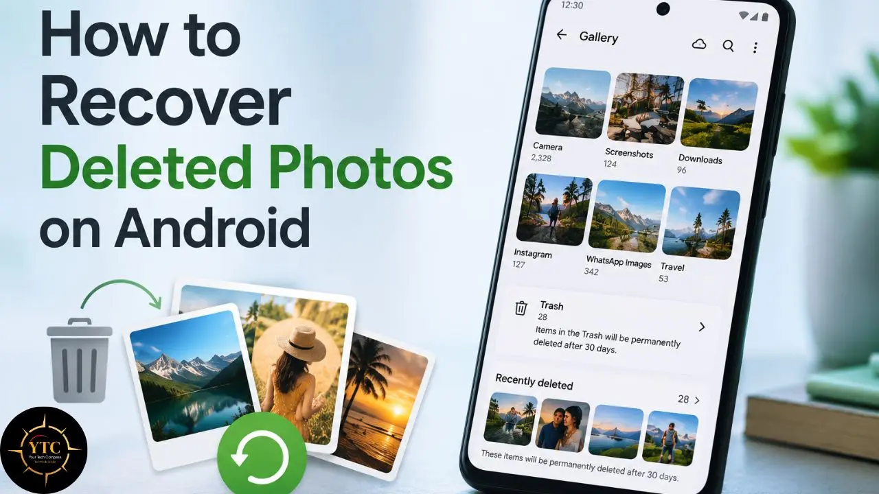 Illustration depicting how to recover deleted photos on Android, showing a trash can, recovered photos, and a smartphone gallery with a trash folder.