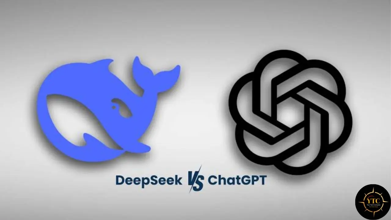 Comparison of DeepSeek AI's whale logo and ChatGPT's logo with text "DeepSeek VS ChatGPT".