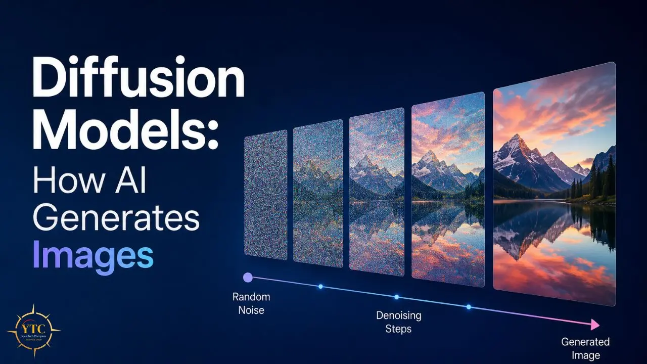 Illustration showing the process of AI image generation from random noise to a detailed landscape through denoising steps.