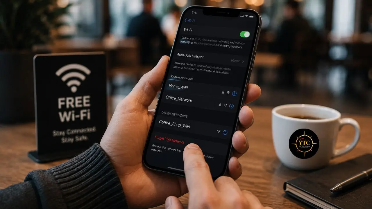A person's hand holds a smartphone displaying Wi-Fi settings with a "Forget This Network" option highlighted, near a "Free Wi-Fi" sign and a cup of coffee.