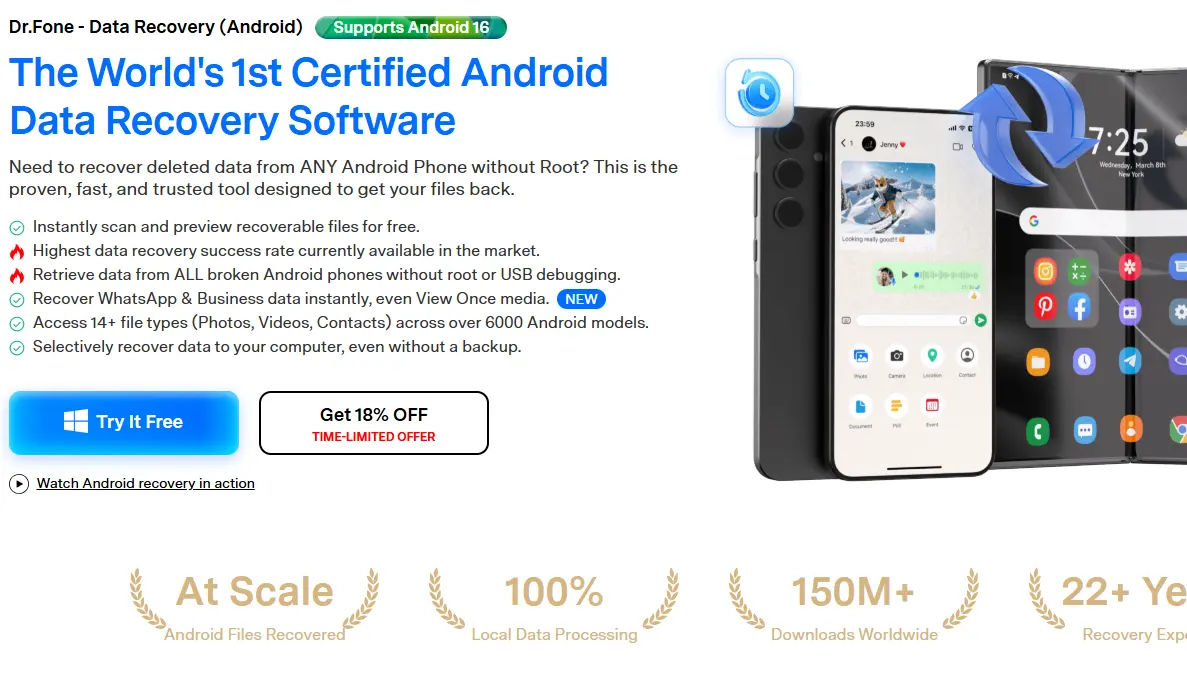 Dr.Fone Android data recovery software advertisement with phone mockups and statistics.
