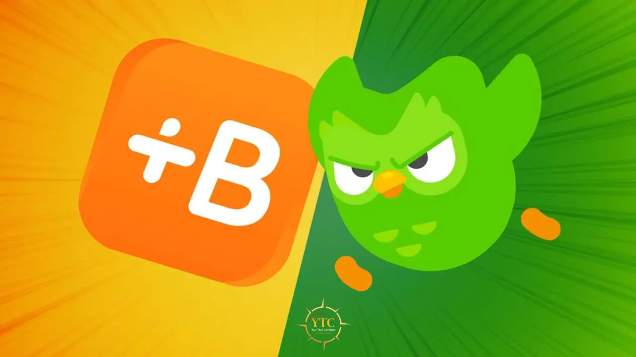 The Duolingo owl glares at the logo for Busuu on an orange and green background.