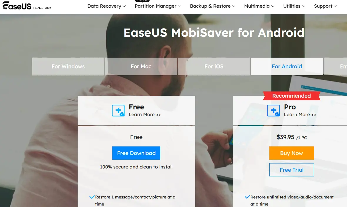 Comparison of free and recommended pro versions of EaseUS MobiSaver for Android software.