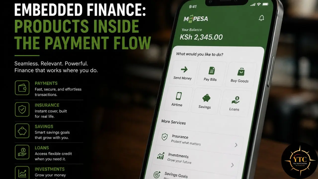 A smartphone displays the M-Pesa app with options for payments, insurance, savings, loans, and investments, next to text about embedded finance.