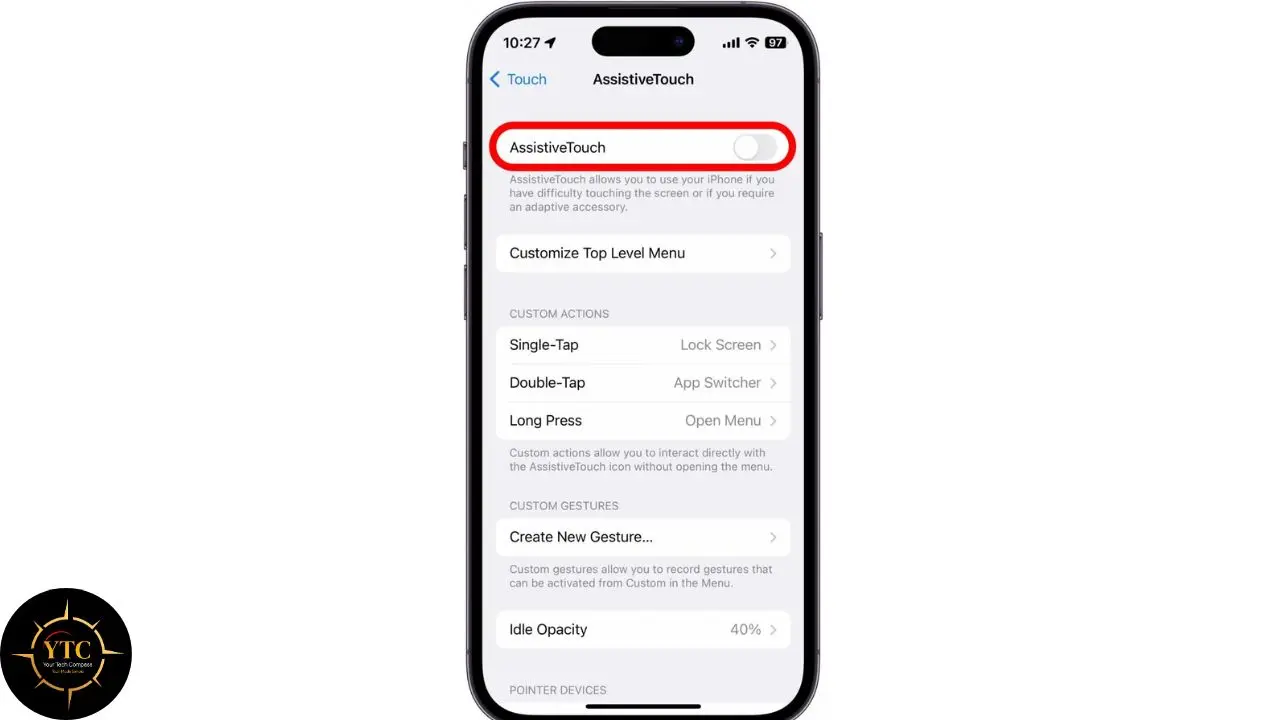 iPhone screen displaying the AssistiveTouch settings menu with the AssistiveTouch toggle enabled.