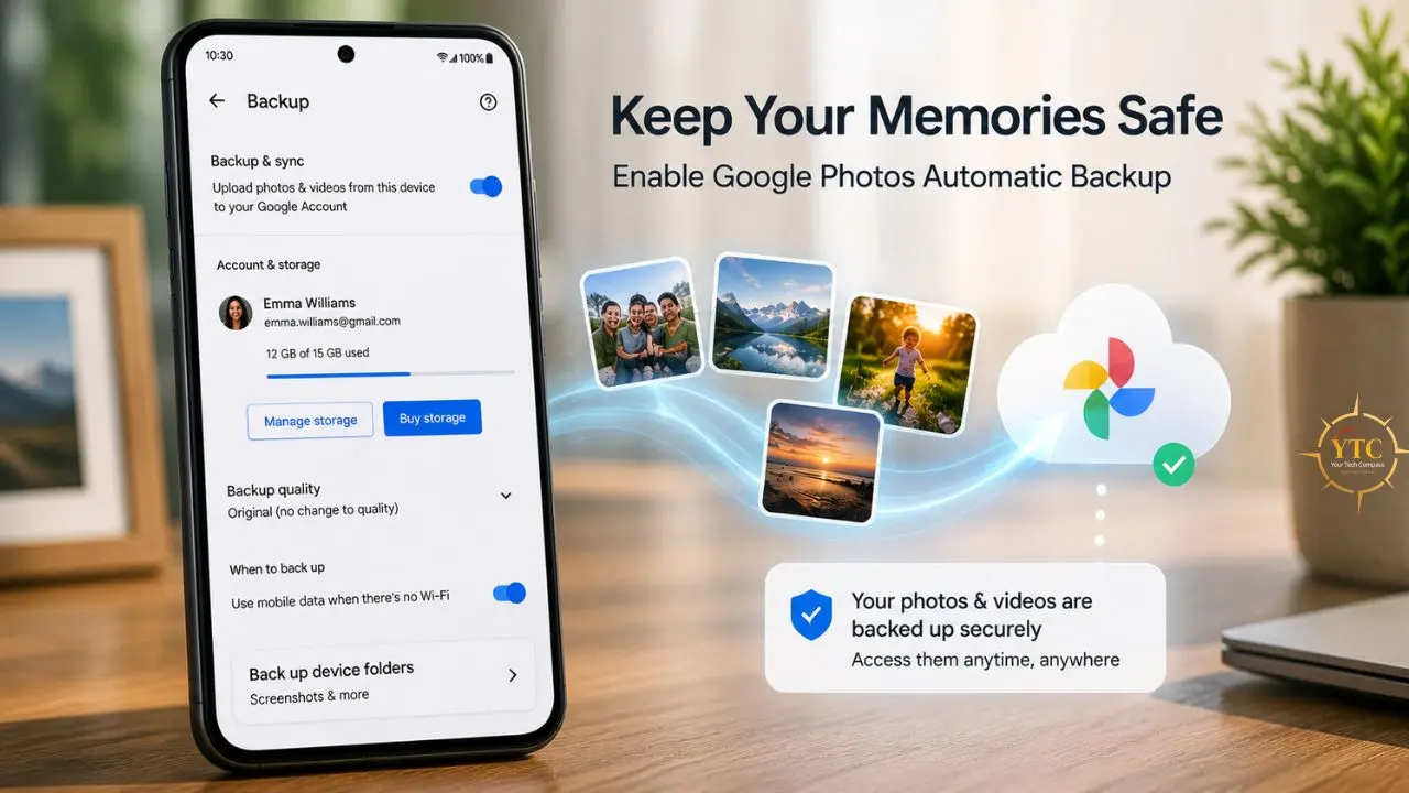 Smartphone screen displaying Google Photos backup settings with cloud and photo icons, promoting secure storage.