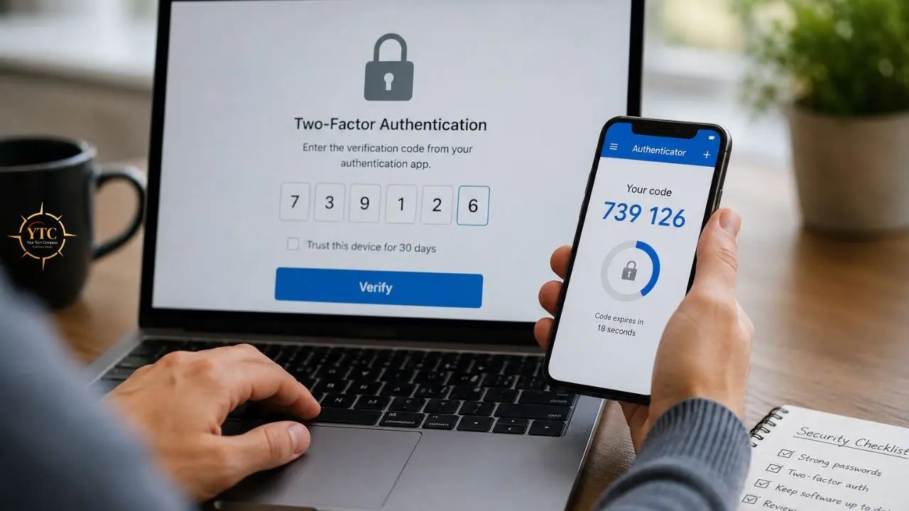 Person using a laptop to enter a two-factor authentication code displayed on their smartphone.