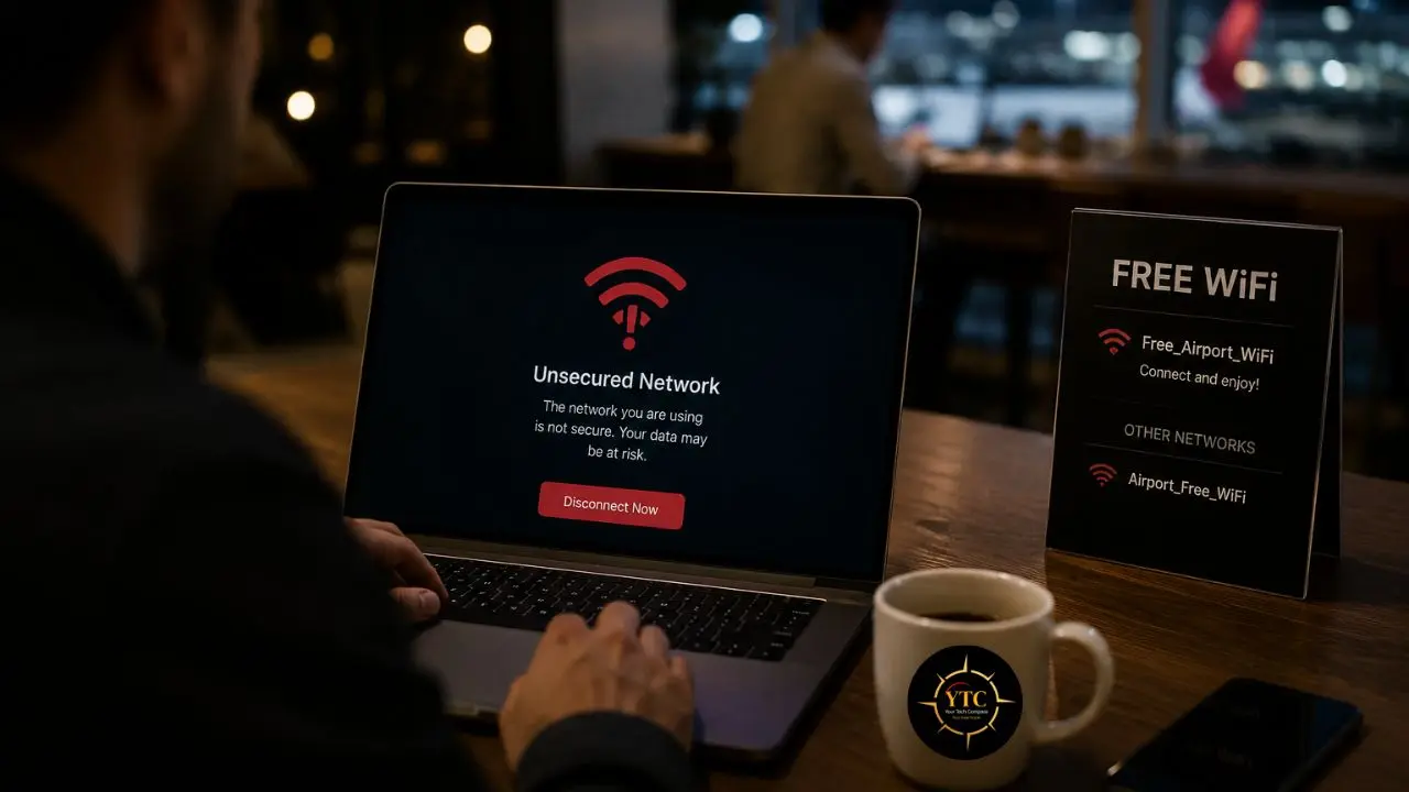 Laptop displaying an "Unsecured Network" warning next to a "FREE WIFI" sign in a dimly lit environment.