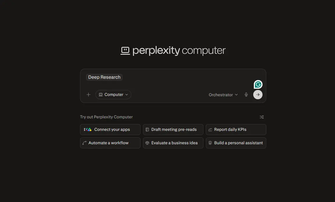 Perplexity Computer interface showing "Deep Research" and "Computer" options, with suggested tasks like "Connect your apps" and "Draft meeting pre-reads."