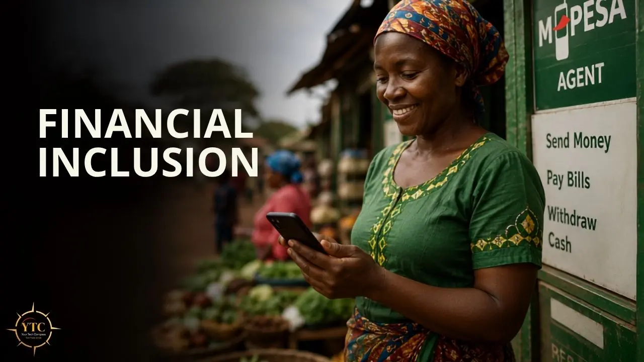 A smiling woman in traditional clothing uses a smartphone at an M-Pesa agent stall promoting financial inclusion.