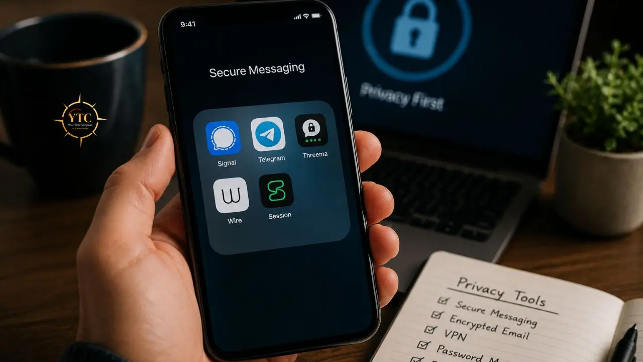 Hand holds a smartphone displaying secure messaging apps like Signal, Telegram, Threema, Wire, and Session, with a laptop showing a lock icon and a notepad listing privacy tools in the background.