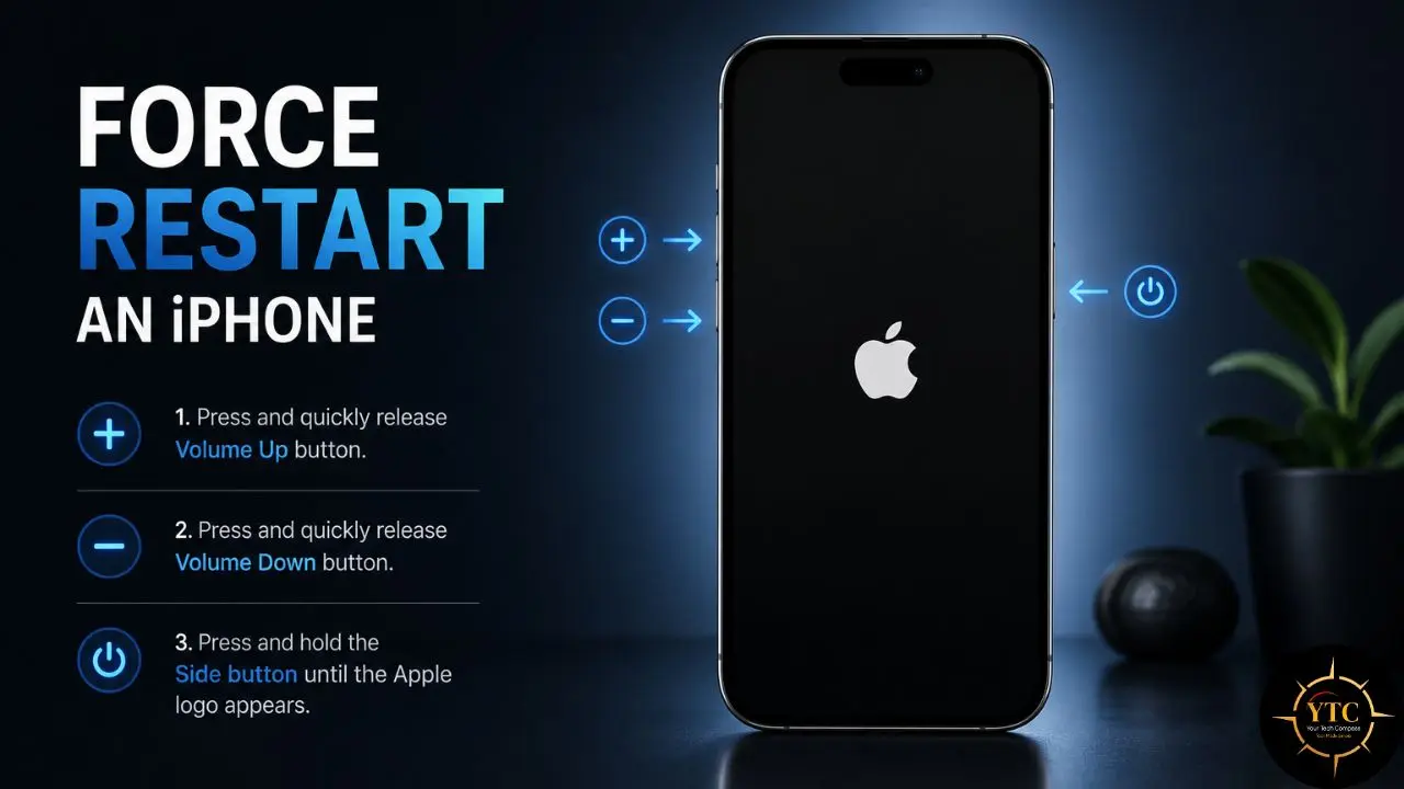 Infographic showing how to force restart an iPhone with numbered steps and icons.