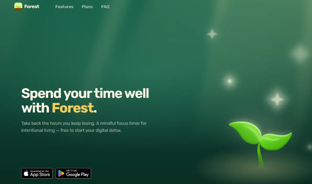 Forest app landing page with a tagline and a small green sprout.