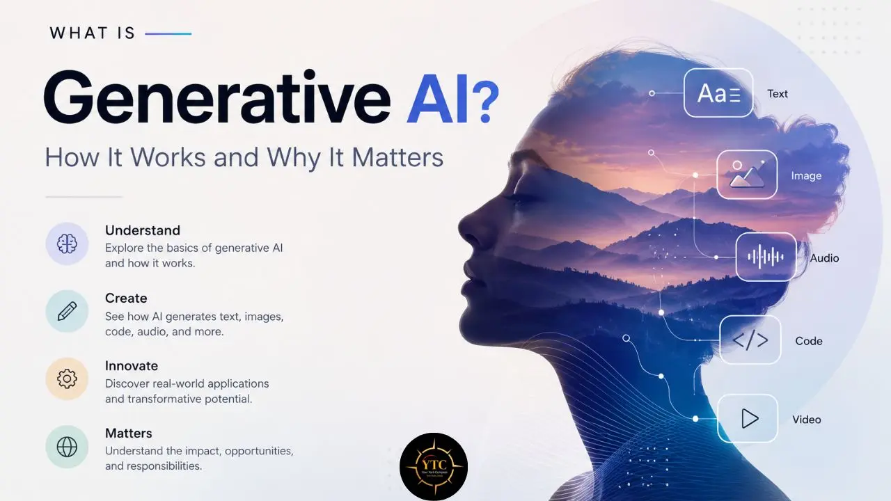 Generative AI explained with a profile of a woman superimposed with mountains and icons representing text, image, audio, code, and video.