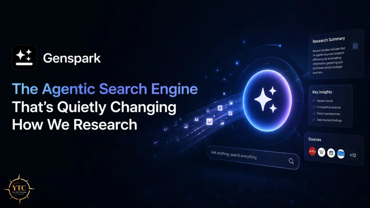 Genspark's "The Agentic Search Engine" ad features the logo, title, and a glowing orb with icons and search-related information.