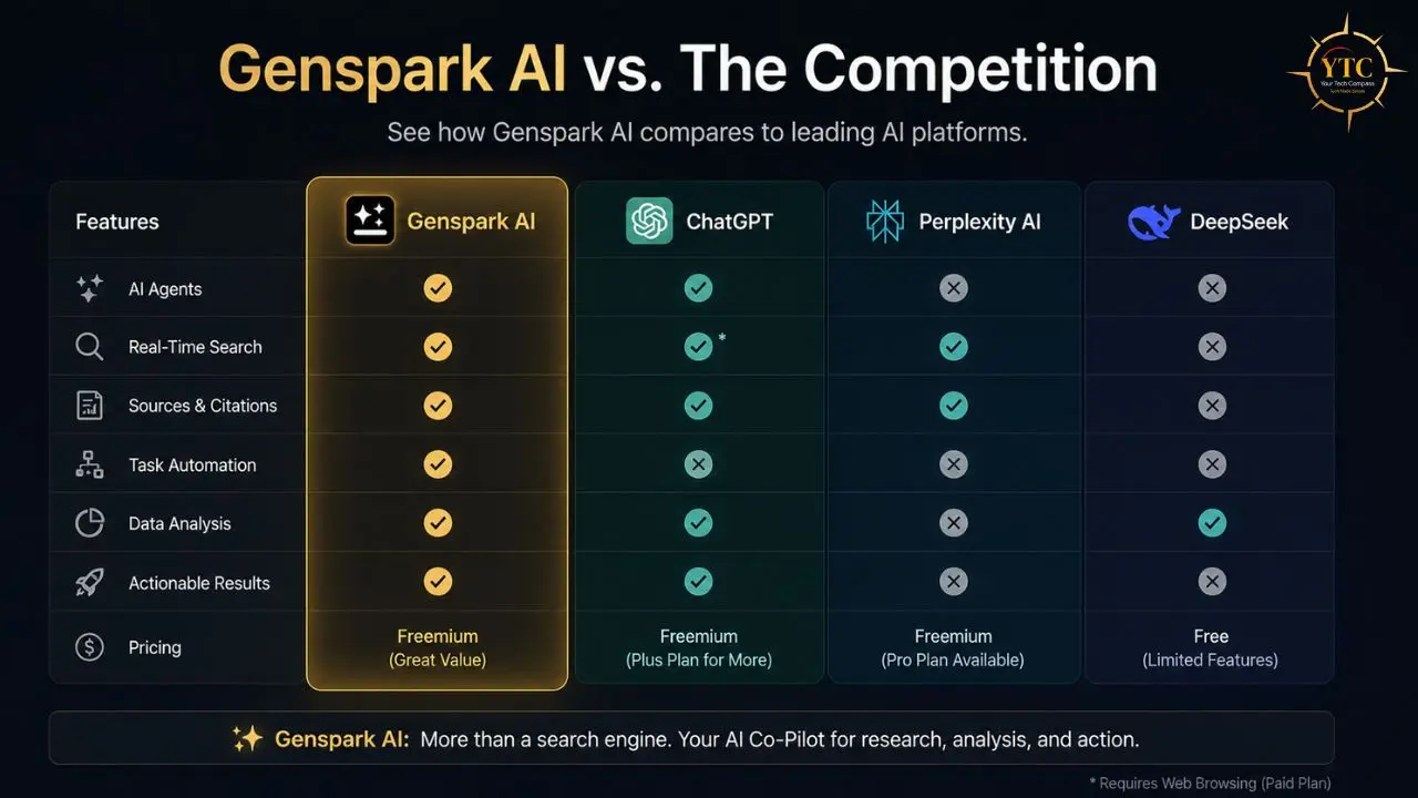 Comparison table showing Genspark AI's features versus ChatGPT, Perplexity AI, and DeepSeek, with checkmarks indicating feature availability.