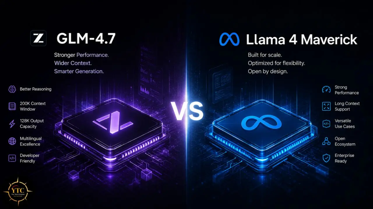 Comparison graphic showing Z GLM-4.7 on the left and Llama 4 Maverick on the right, highlighting their features.