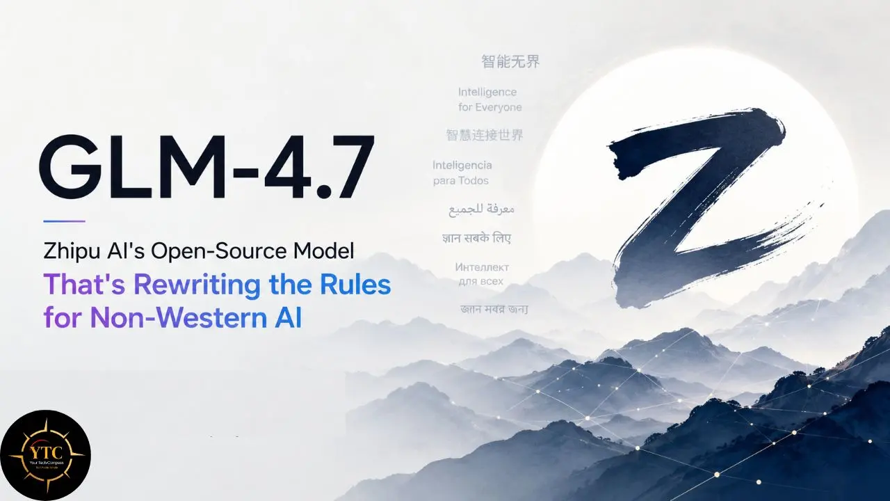 Zhipu AI's GLM-4.7 open-source model is showcased against a backdrop of misty mountains and a stylized 'Z' logo.