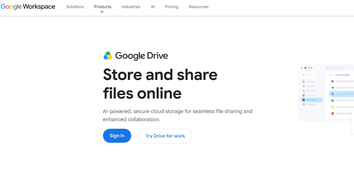 Google Drive homepage with the tagline "Store and share files online," a "Sign in" button, and a preview of the Drive interface.