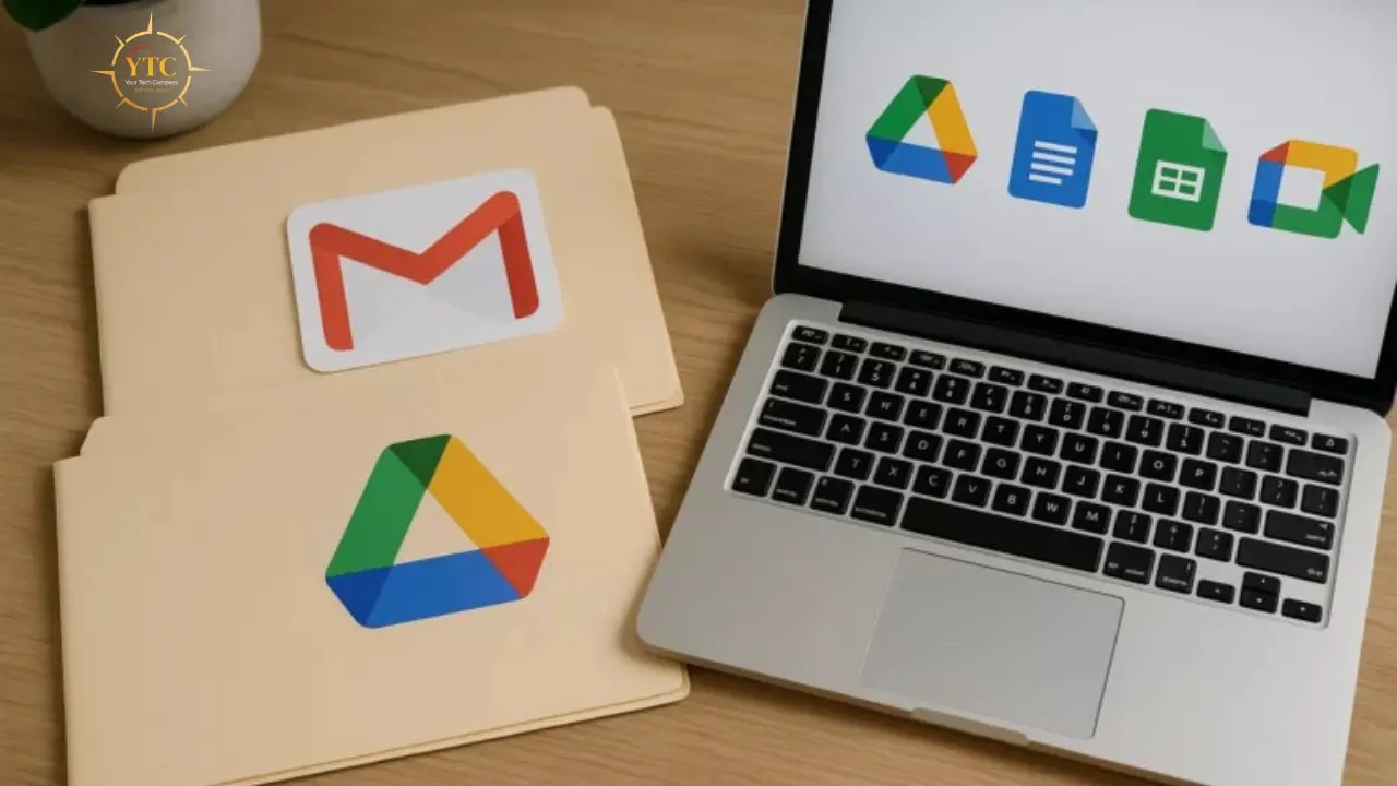 Laptop displaying Google Workspace app icons next to manila folders with Gmail and Google Drive logos.