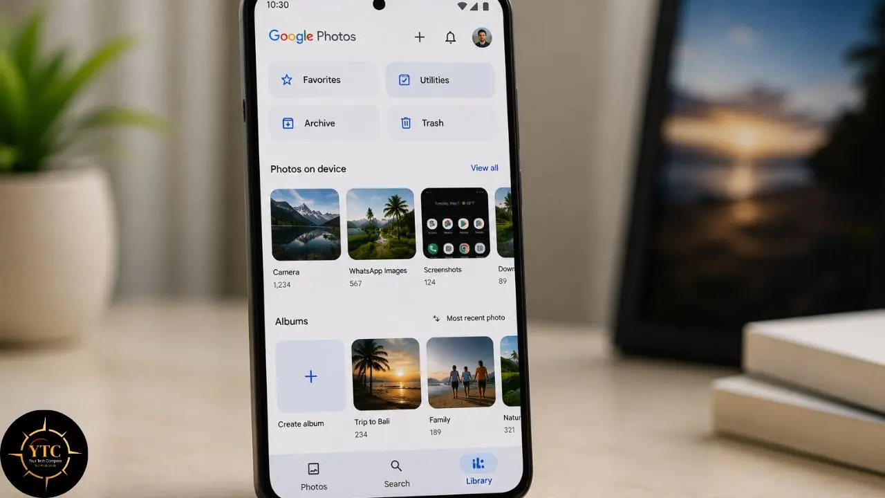 Smartphone displaying the Google Photos app with image thumbnails and albums visible.