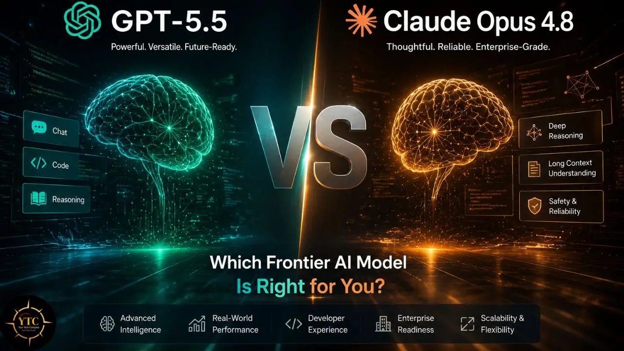 Comparison of GPT-5.5 and Claude Opus 4.8 AI models, showcasing their features and posing the question "Which Frontier AI Model Is Right for You?".