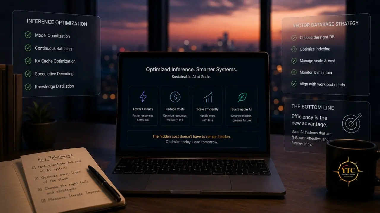 Laptop displaying AI optimization strategies with accompanying informational overlays and a notebook with key takeaways.