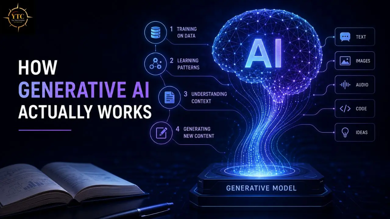 Infographic illustrating how generative AI works, detailing training, pattern learning, context understanding, and new content generation, outputs text, images, audio, code, and ideas.