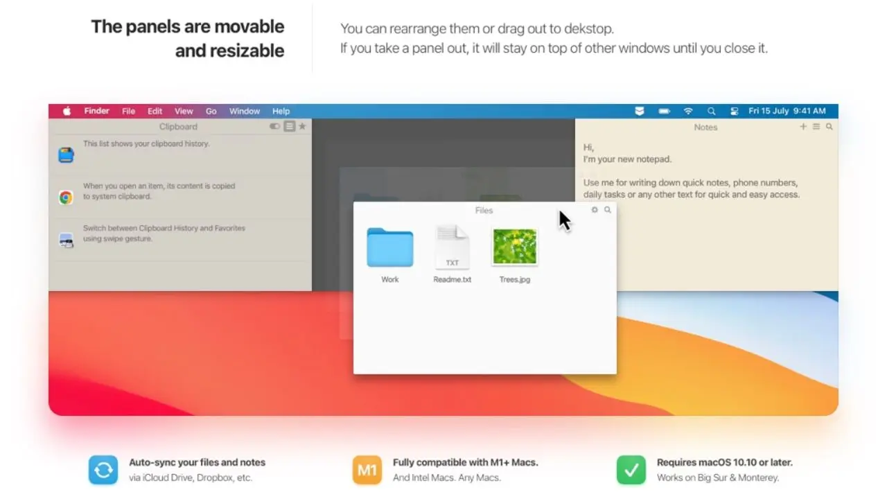 macOS interface showcasing movable and resizable panels including Finder, Notes, and a Files folder with a "Work" folder, "Readme.txt", and "Trees.jpg".