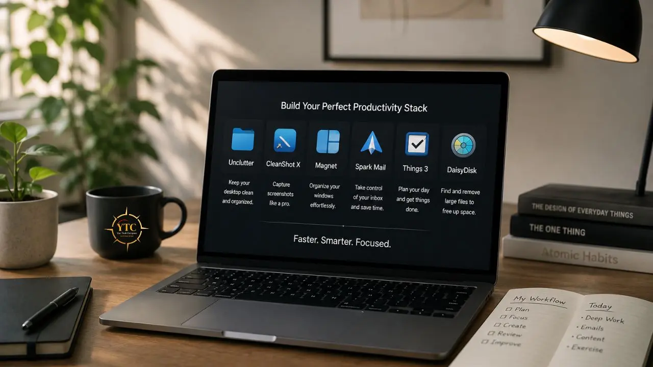 Laptop displaying productivity app icons next to a coffee mug, notebook, and books.