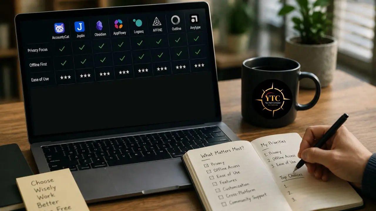 Laptop displaying a comparison chart of note-taking apps next to a notebook with handwritten priorities and a mug.