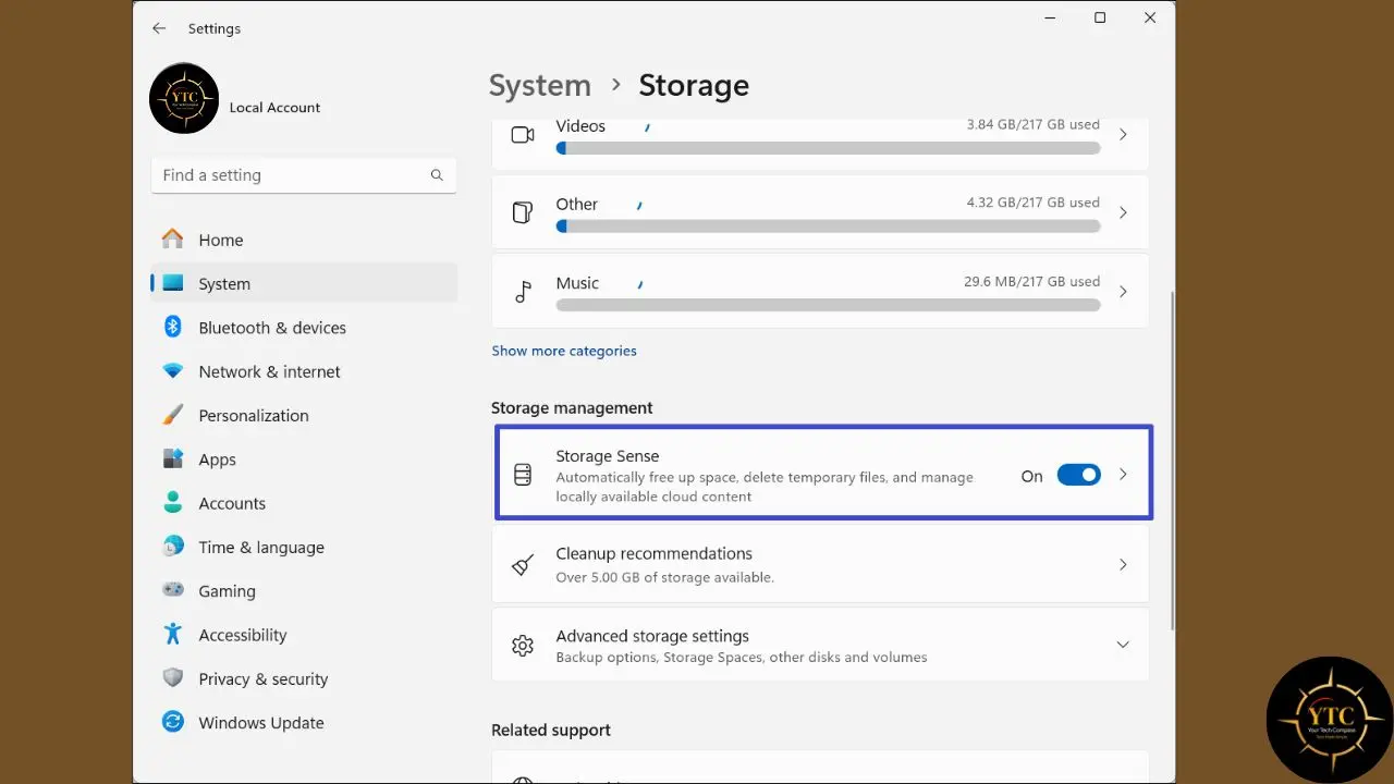 Windows 11 Settings screen displaying Storage with Storage Sense enabled.