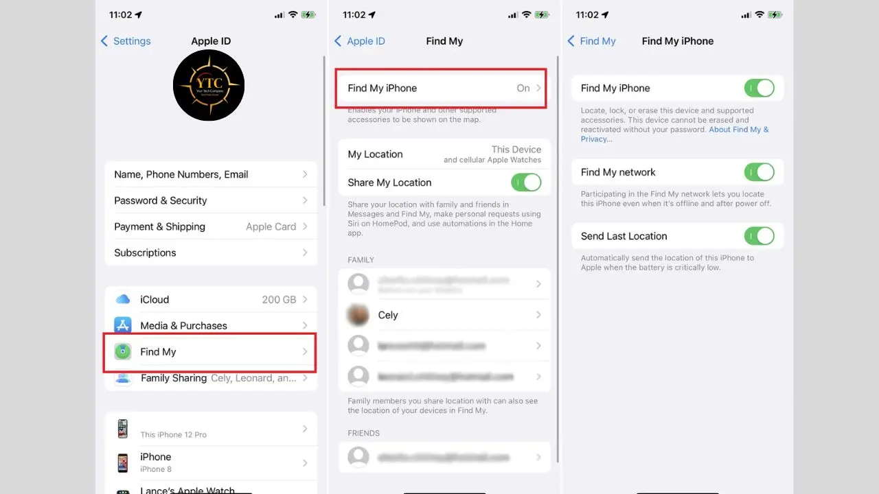 Screenshot showing the "Find My" settings menu on an iPhone with options to enable "Find My iPhone", "Find My network", and "Send Last Location".