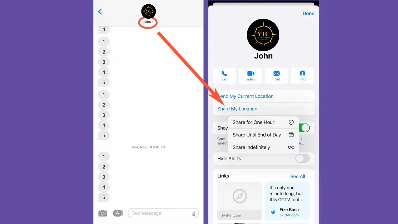 Screenshot of a phone showing contact information for "John" with options to share location.