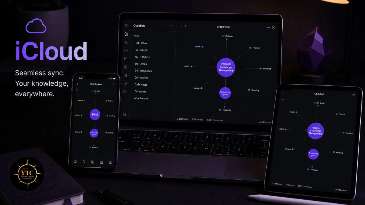Obsidian app's personal knowledge management graph view displayed on a laptop, phone, and tablet, with iCloud branding.