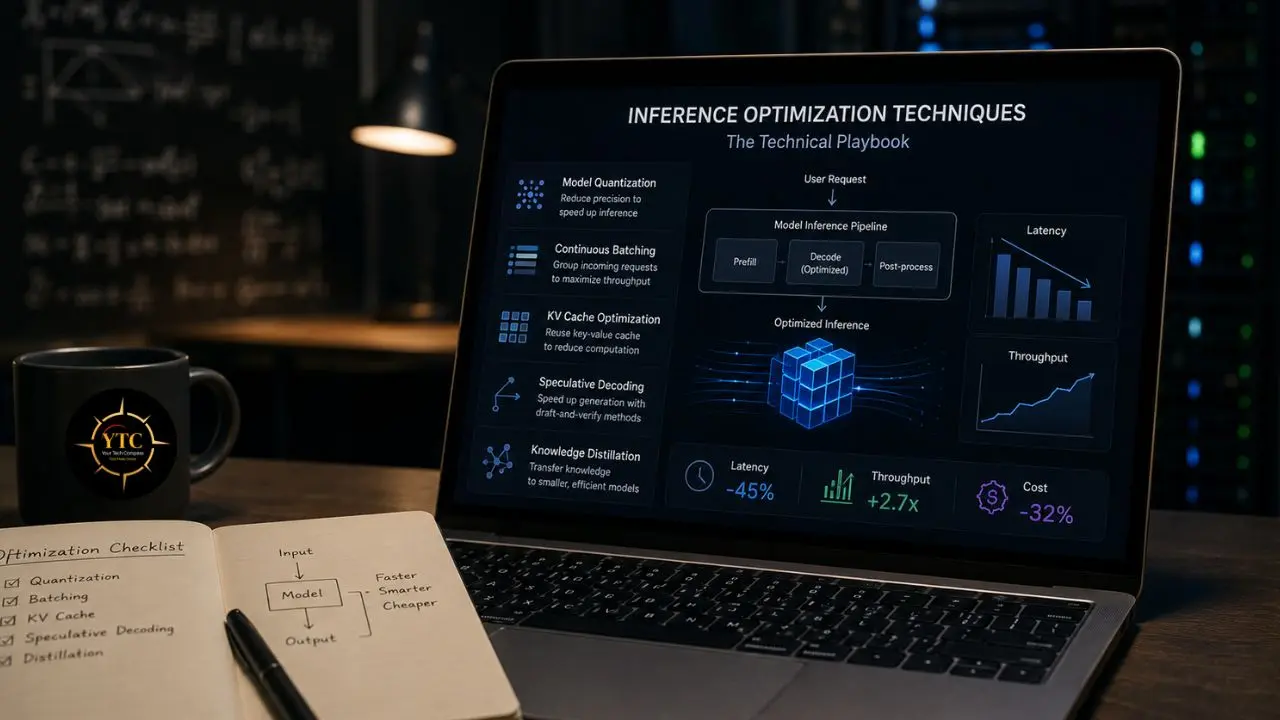 A laptop displays "Inference Optimization Techniques" with diagrams and metrics, next to a notebook and mug.