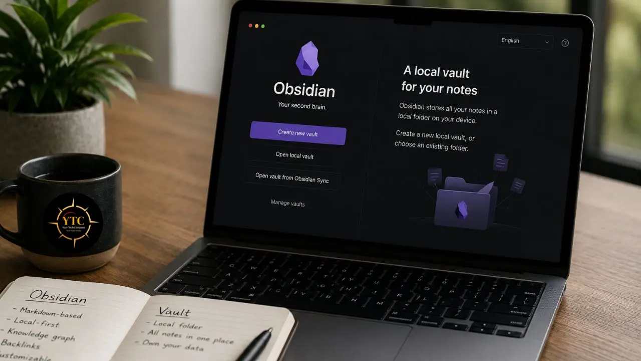 Laptop displaying the Obsidian note-taking app interface next to a notebook, coffee mug, and potted plant.
