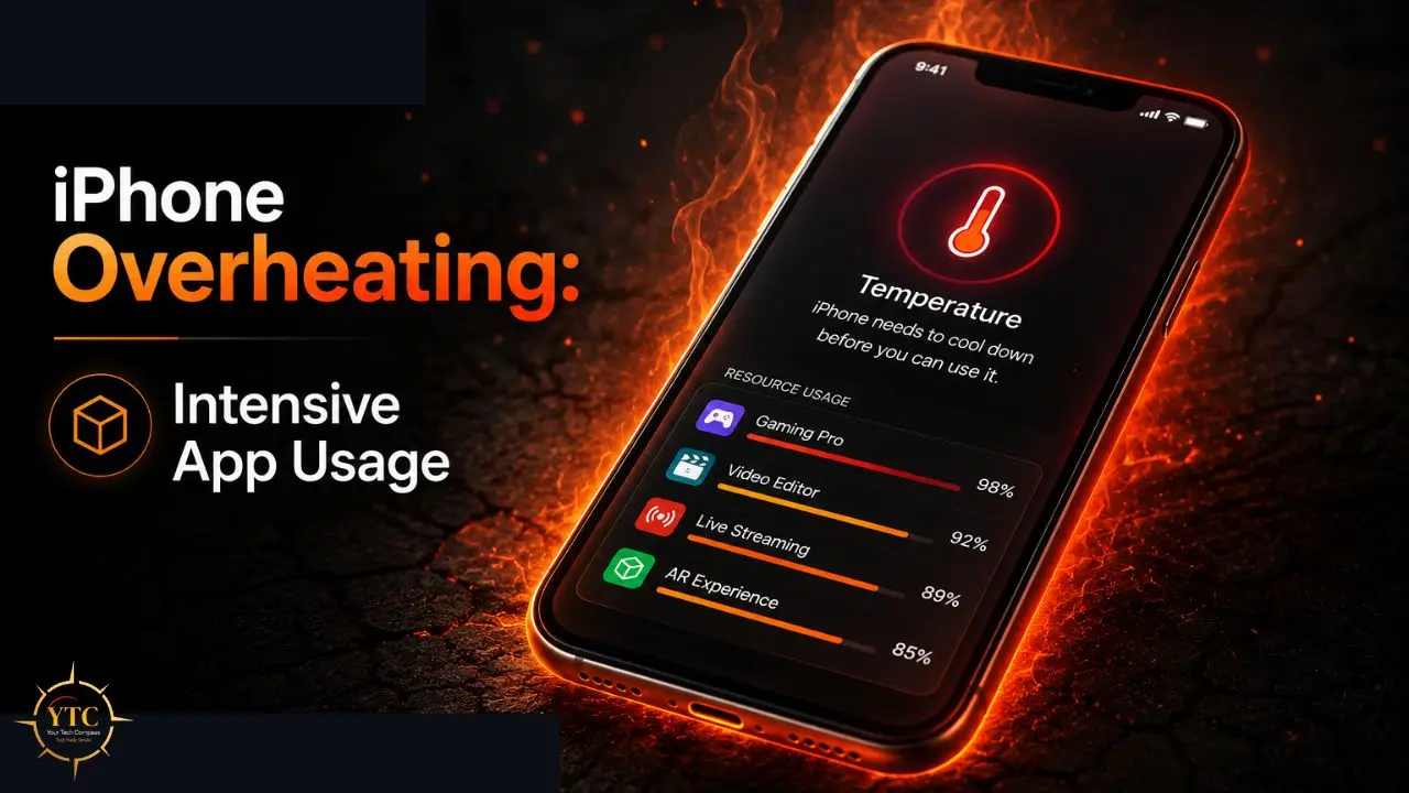 iPhone overheating due to intensive app usage, with a temperature warning on the screen.