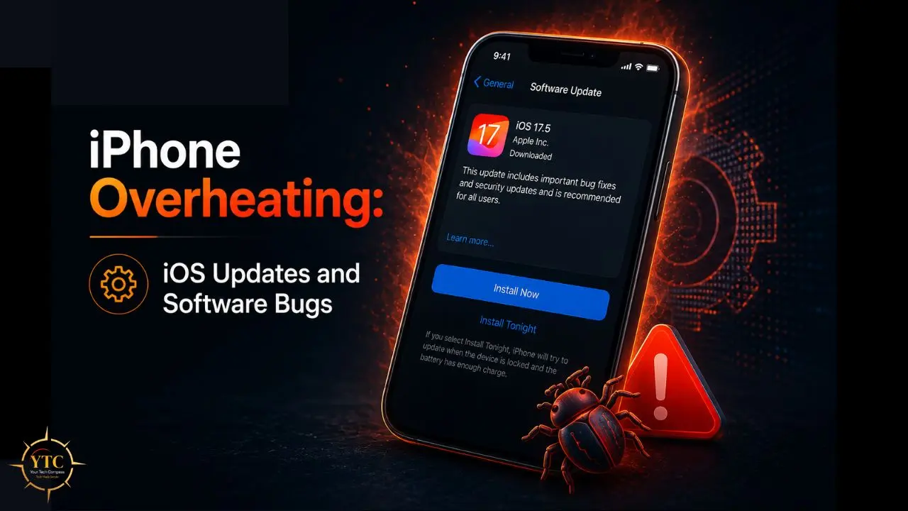 iPhone overheating due to iOS updates and software bugs, featuring a phone displaying a software update screen, a spider, and an exclamation mark warning sign.