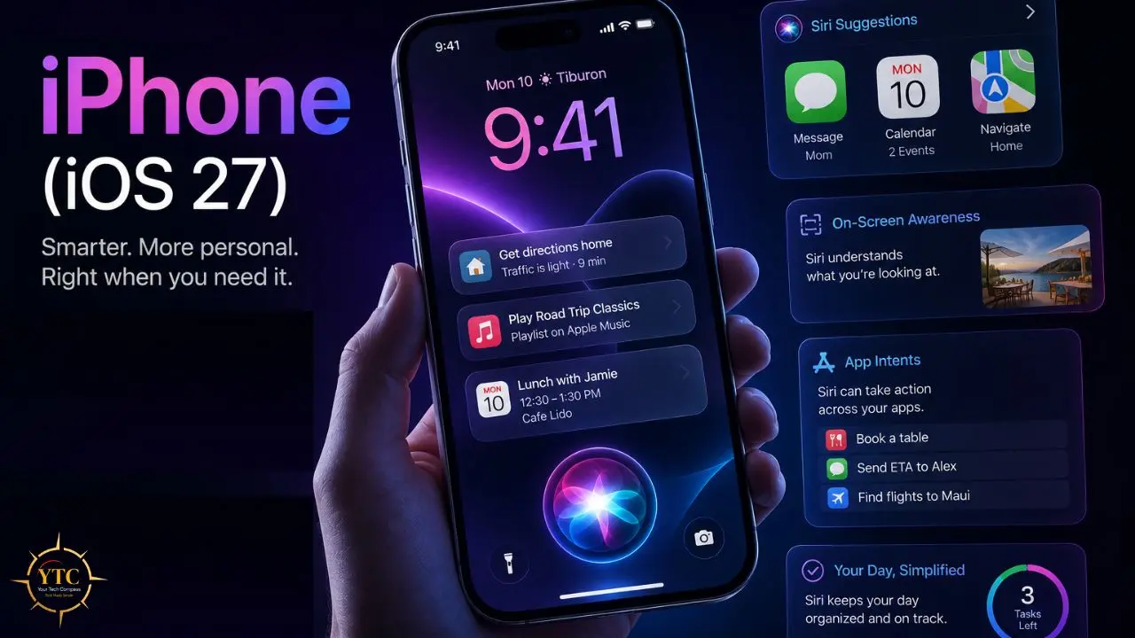 iPhone (iOS 27) demonstration showing personalized Siri suggestions and app intents on the lock screen.