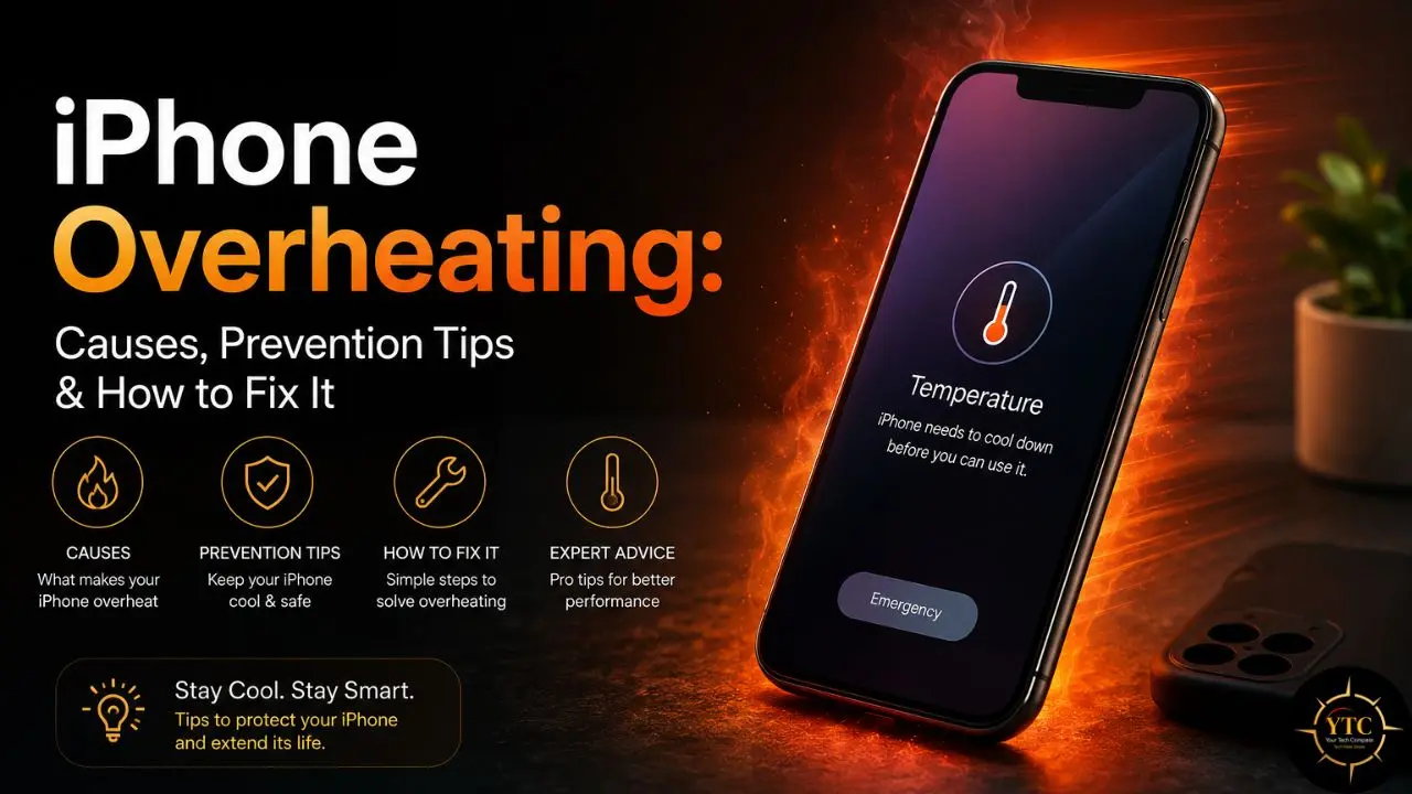 Infographic detailing iPhone overheating causes, prevention, and fixes, with a phone screen showing a temperature warning.